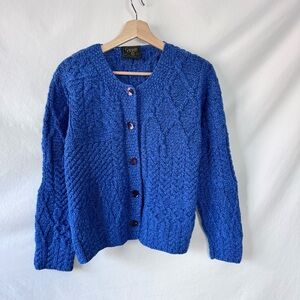 Carraig Donn Irish Aran Merino Wool Cardigan Women’s Small Blue Cable Knit